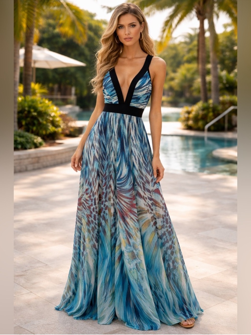 Sleeveless V-Neck Blue Print Maxi Dress
